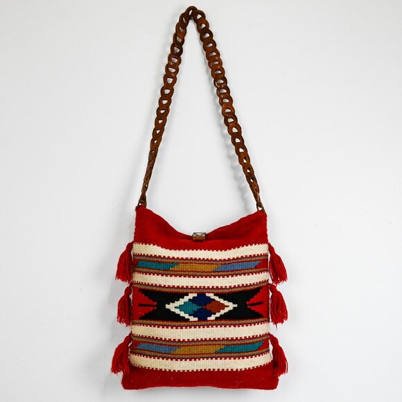 Vintage Aztec Handmade Wool and Leather Tote Handbag with Tassel Details - Picture 5 of 6
